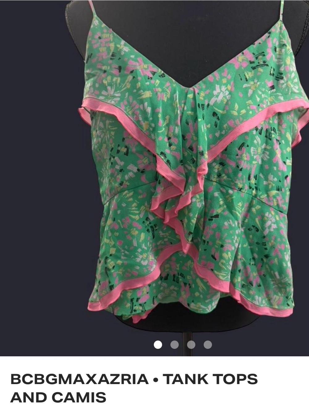 BCBGMaxAzria Green Floral Ruffle Camisole with Pink Trim